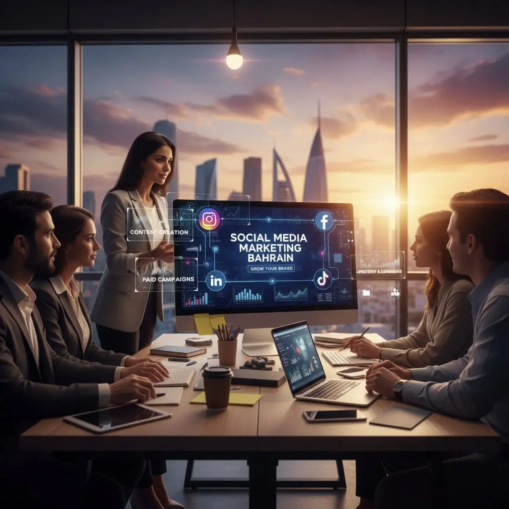 Social Media Marketing Specialist in Bahrain discussing paid campaigns and content creation. Freelance SMM Strategy for Bahrain businesses.