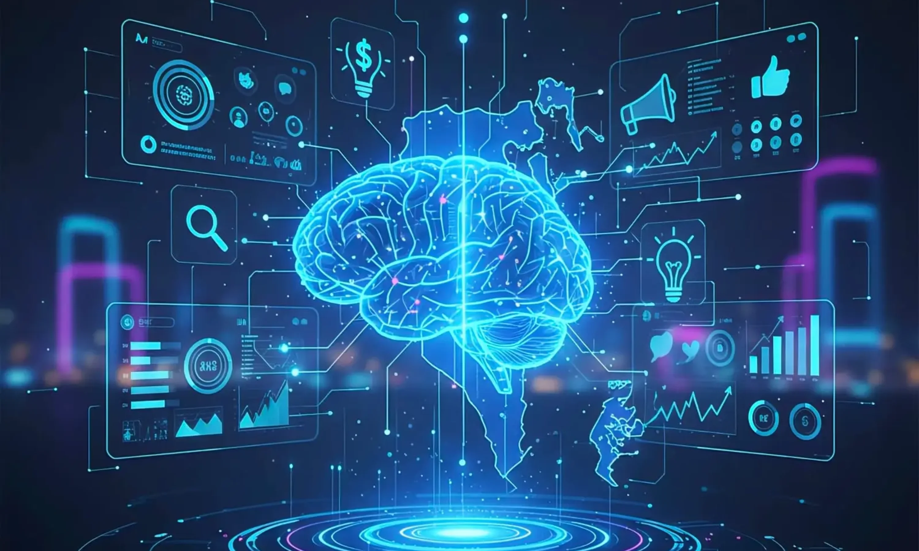 freelance-digital-marketing-strategist-in-bahrain-ai-marketing AI and digital marketing icons over Bahrain map illustrating strategies by a freelance digital marketing strategist in Bahrain.