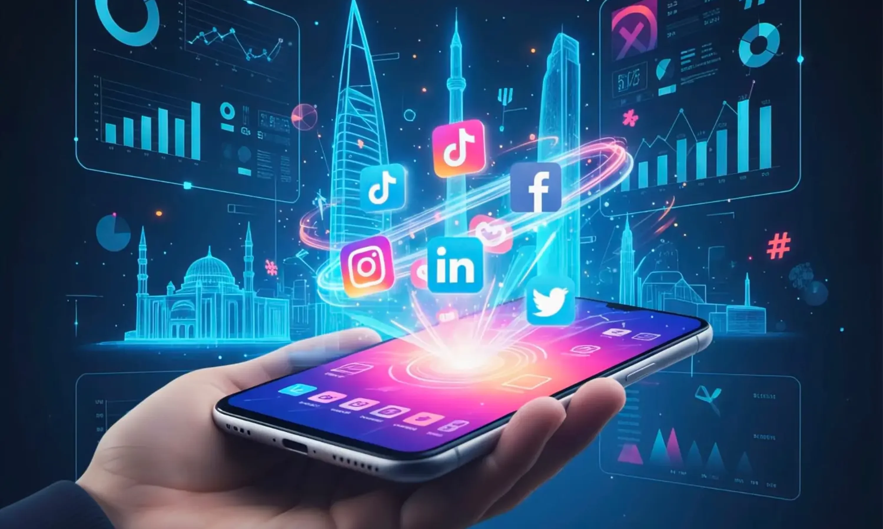 freelance-digital-marketing-strategist-in-bahrain-content-marketing (2) Social media icons around Bahraini landmarks depicting marketing strategies by a freelance digital marketing strategist in Bahrain.