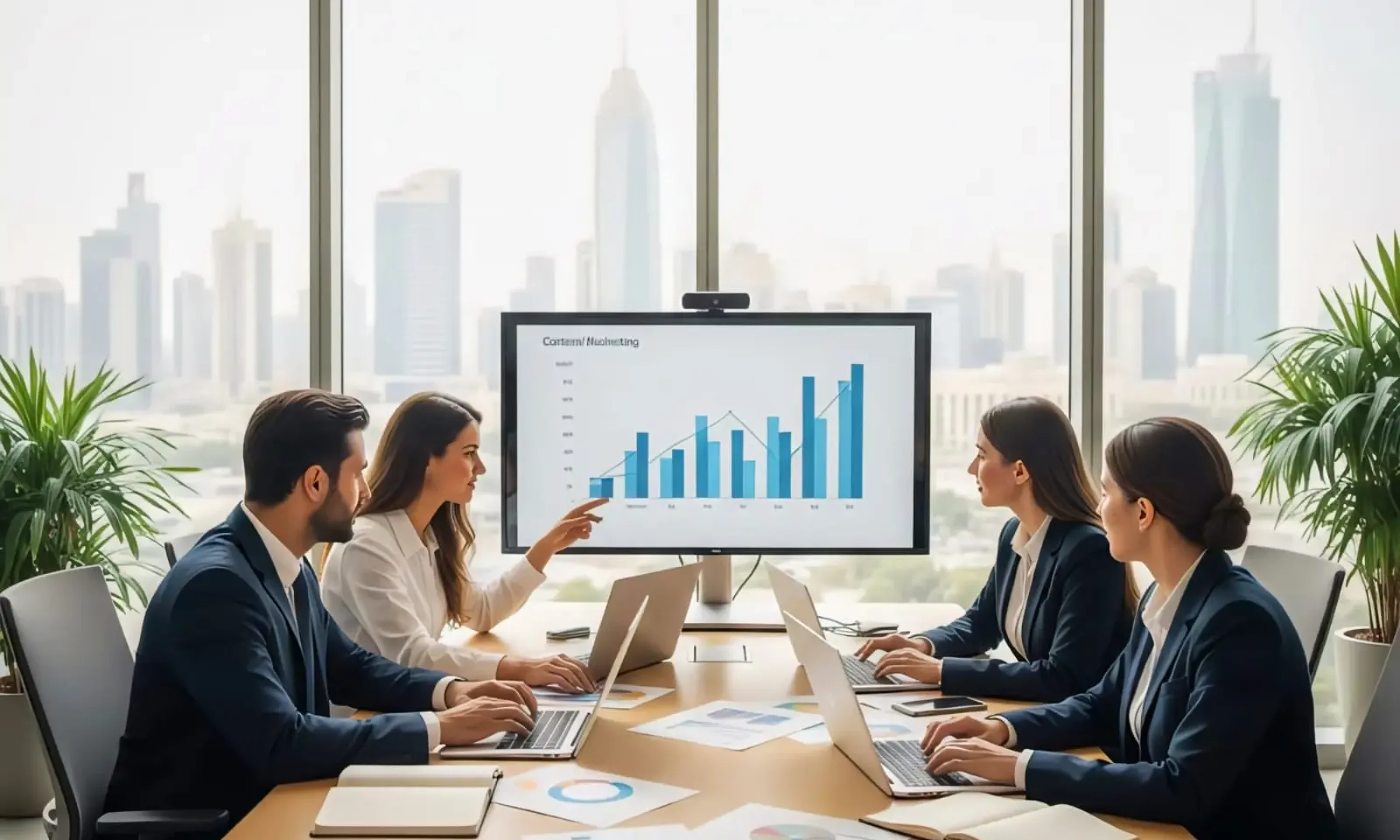 freelance-digital-marketing-strategist-in-bahrain-content-marketing Bahraini team planning content strategy with laptops and charts by a freelance digital marketing strategist in Bahrain